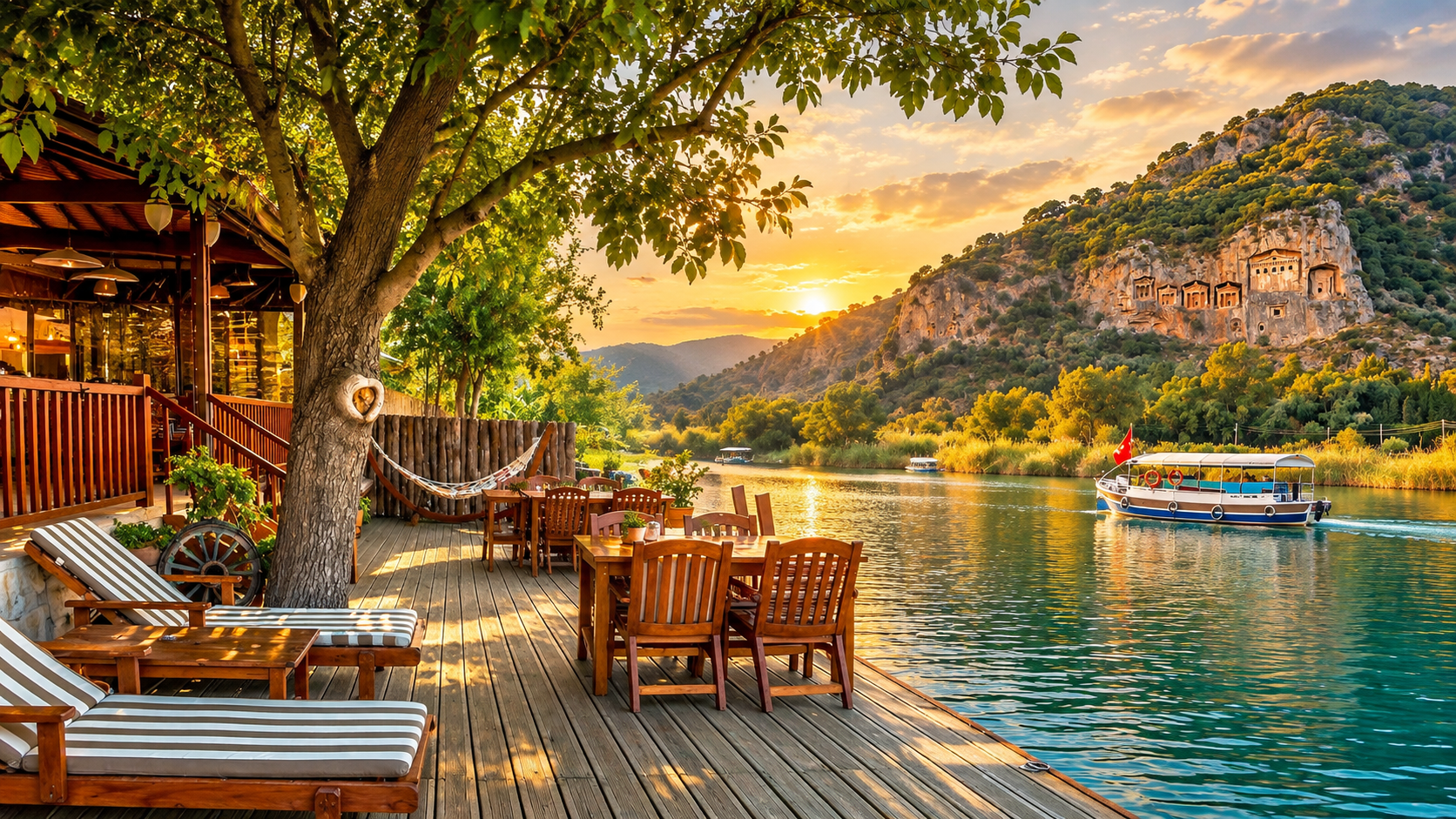 Dalyan Pension nehir kıyısı ve Dalyan kaya mezarları